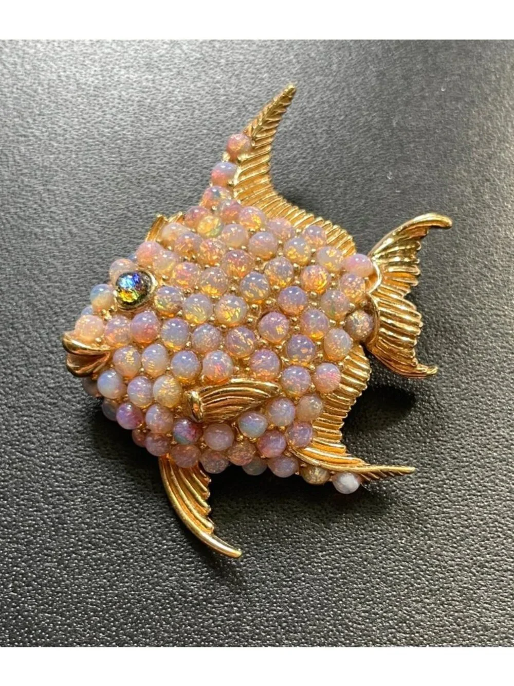 Vintage Ciner Signed Gold Plated Faux Opal Cabochon Angelfish Brooch Pin